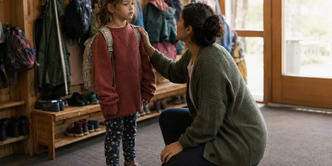 Ein Elternteil tröstet ein Kind, das mit Rucksack und Jacke bereitsteht. Die Kinder Trennung Eltern ist ein emotionaler Moment.