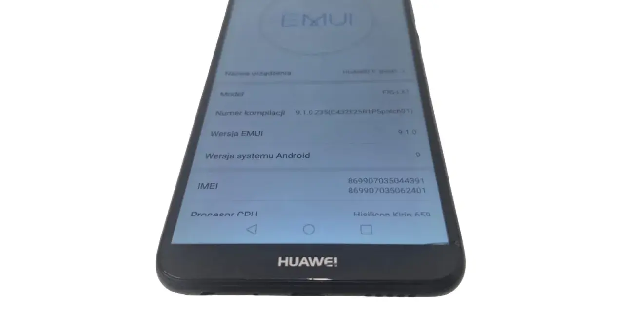 Telefon Huawei P smart FIG-LX1 z widocznym ekranem i informacjami o systemie EMUI.