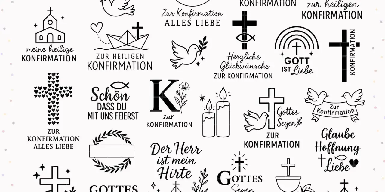 Viele evangelische Symbole für die Konfirmation: Kreuze, Tauben, Kirchen, Schiffe, Kerzen, Regenbogen, Kelch, Brot, Trauben.