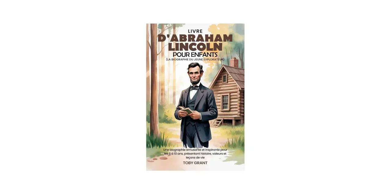 Livre pour enfants sur l'origine d'Abraham Lincoln, le montrant jeune devant une cabane en bois.