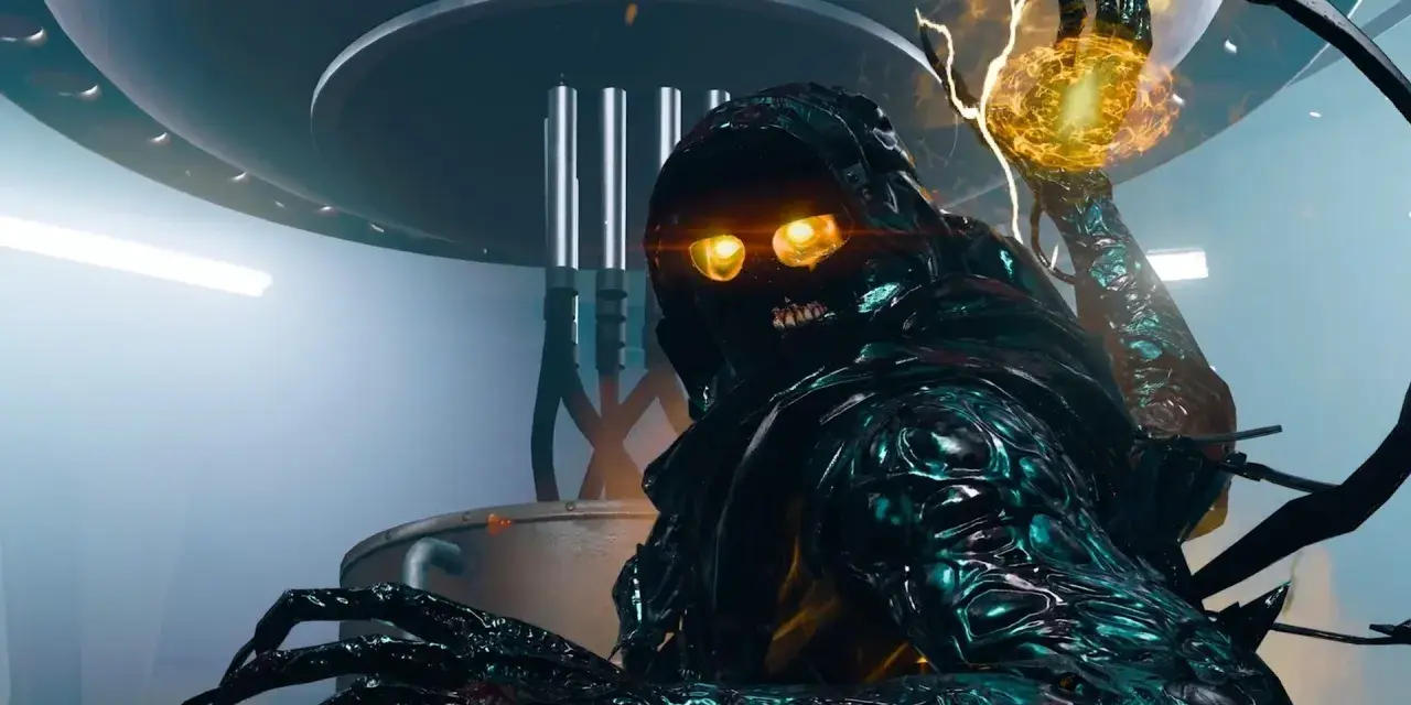 Criatura oscura con ojos brillantes, garras afiladas y energía en su mano, lista para la acción en Black Ops 6.