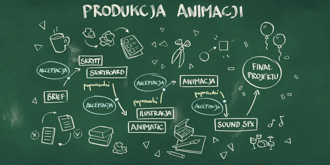 Schemat produkcji animacji: od briefu i skryptu, przez storyboard, ilustrację, animatic, animację, aż po finalny projekt.
