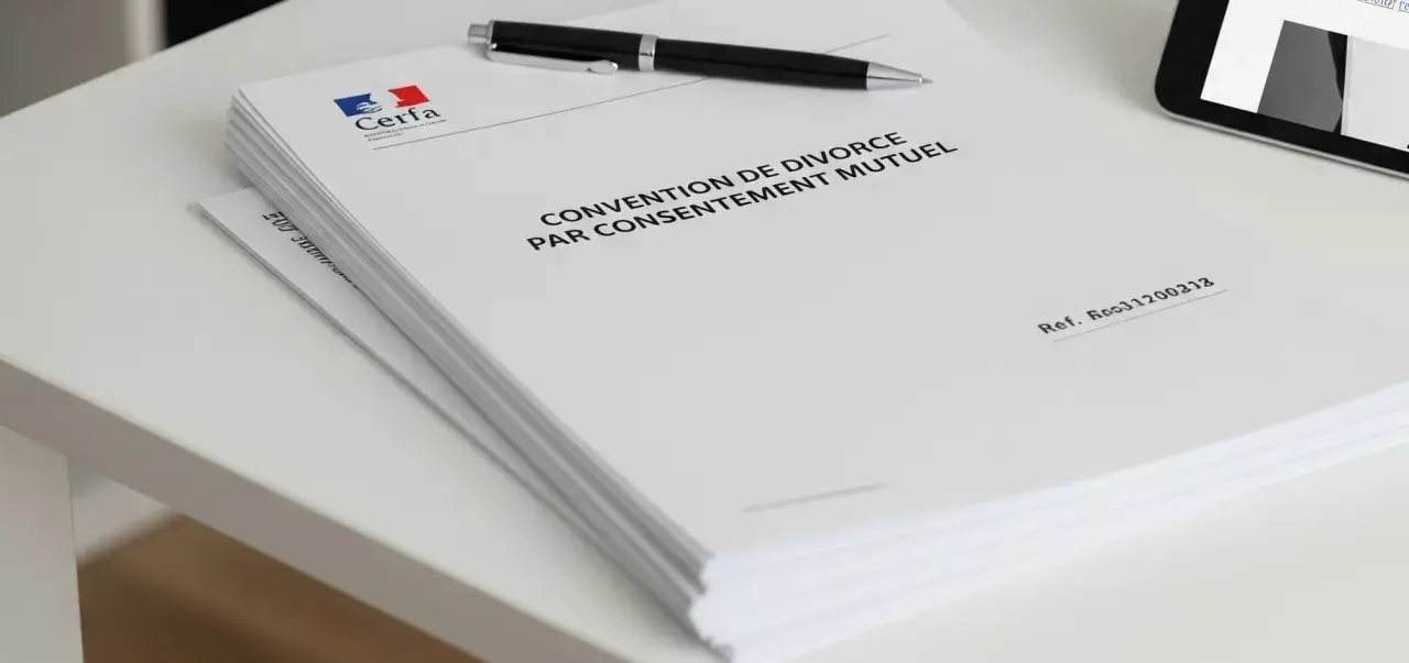 Un formulaire CERFA pour une convention de divorce par consentement mutuel, prêt à être rempli.