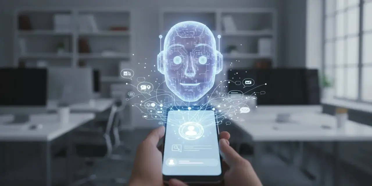 Dłoń trzyma smartfon, z którego wyłania się holograficzna głowa robota. To zaawansowany chatbot, otoczony ikonami komunikacji, gotowy do rozmowy.