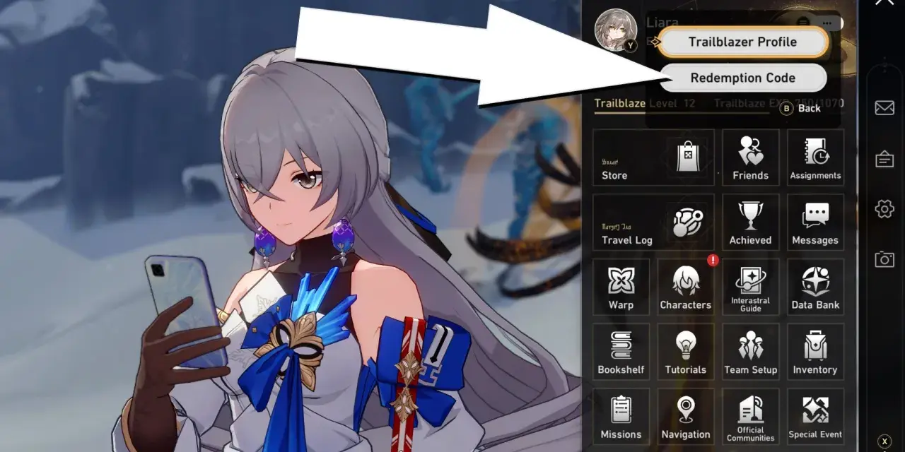 Interfaz de Honkai Star Rail con opción "Redemption Code" para canjear códigos.
