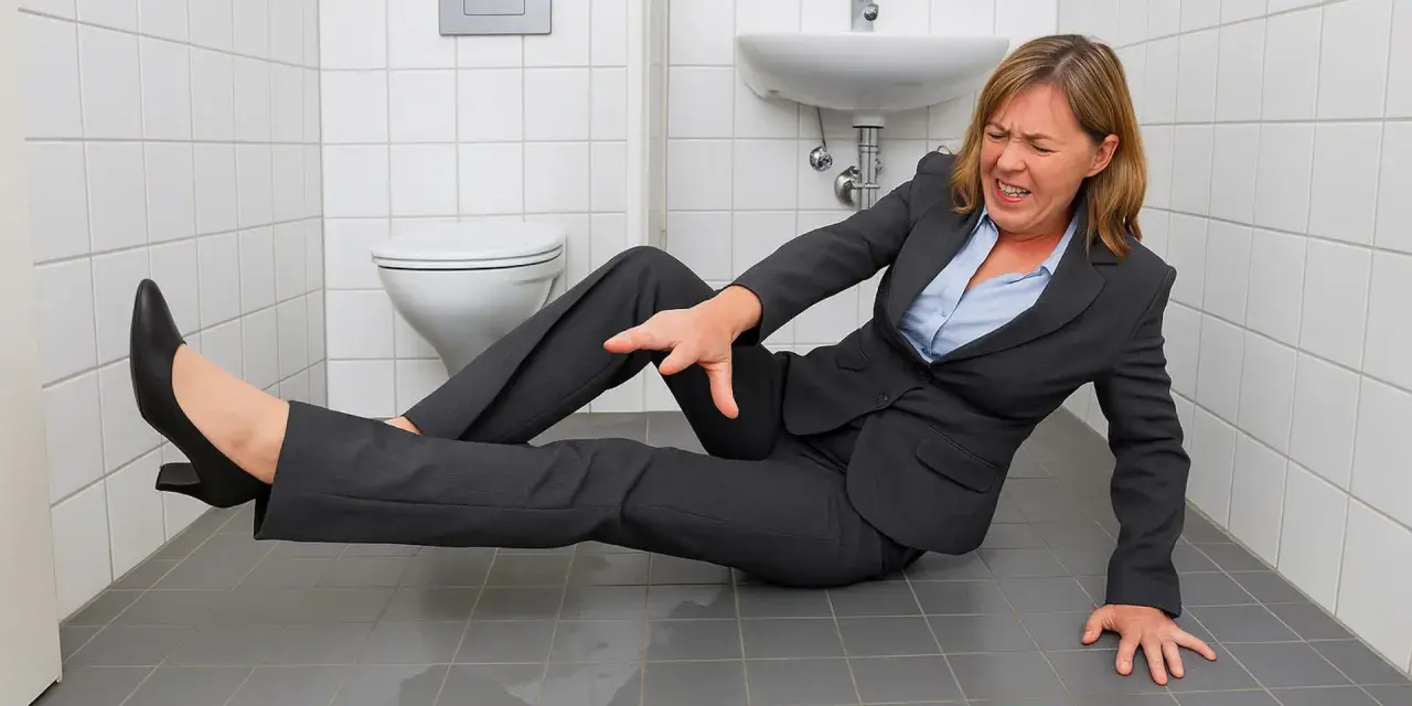 Frau im Anzug stürzt in der Toilette, ein typischer Arbeitsunfall. Sie hält sich den Arm und hat Schmerzen.