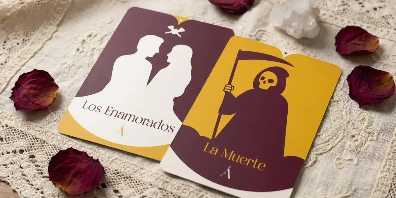 Dos cartas de tarot, "Los Enamorados" y "La Muerte", yacen sobre tela de encaje, rodeadas de pétalos de rosa secos y un cristal.