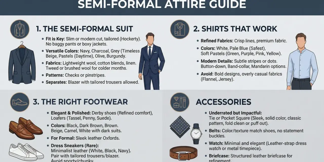 Guida all'abbigliamento **semi-formal**: abiti eleganti, camicie raffinate, scarpe classiche e accessori curati per un look impeccabile.