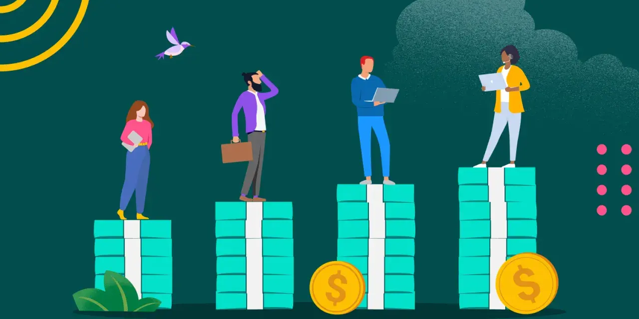Personas en pilas de dinero, un ejemplo de competencia monopolística.