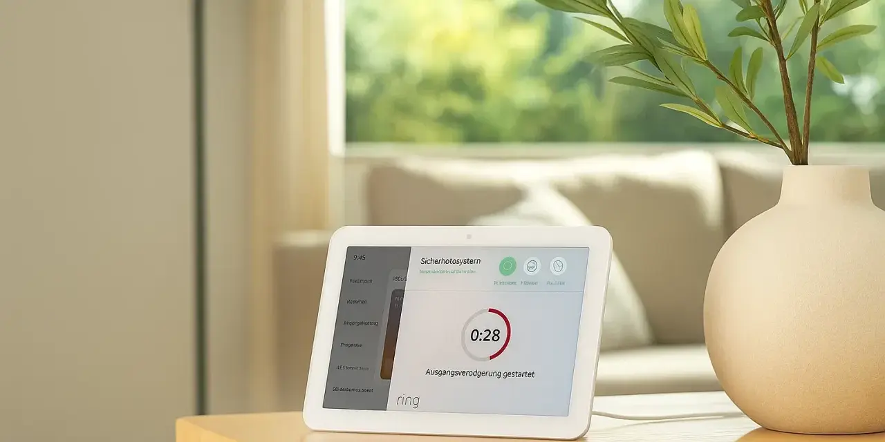 Ein Smart Display zeigt die Benutzeroberfläche eines Sicherheitssystems mit dem Ring-Logo. Alexa steuert das System, das über Zigbee kommuniziert.