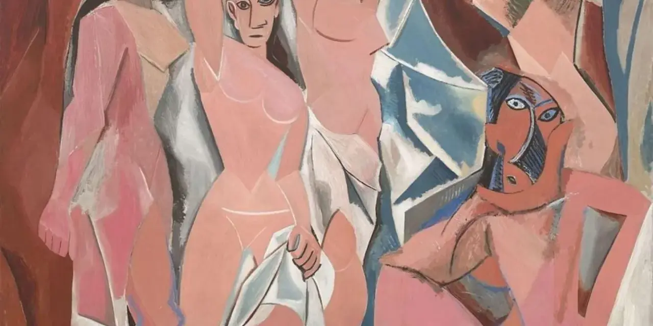 Les demoiselles d'Avignon : cinq femmes aux formes cubistes, certaines nues, dans une composition audacieuse.