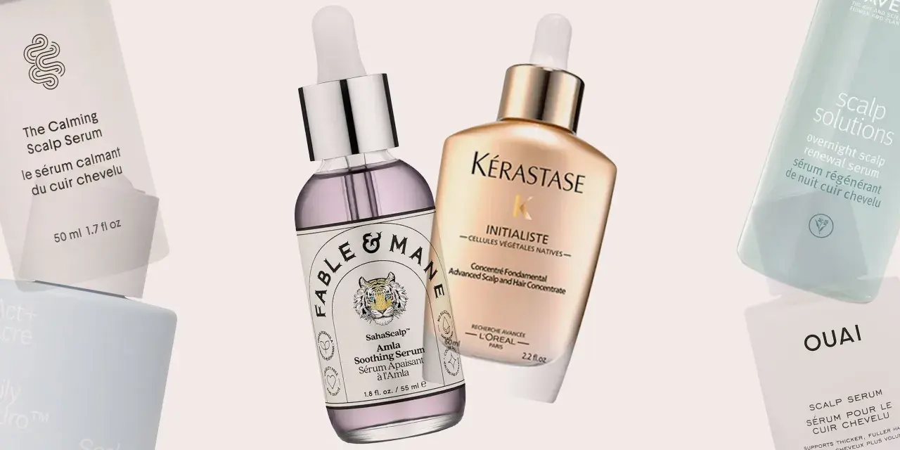 Kolekcja serum do skóry głowy: Fable & Mane, Kérastase, Aveda, Ouai. Każdy **cerkogel** obiecuje odżywienie i regenerację.