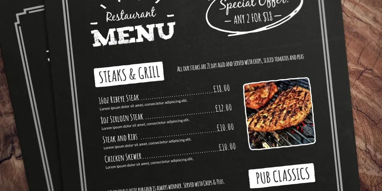 Menú de restaurante con "Steaks & Grill" y "Pub Classics". La **menu engineering** se refleja en la oferta especial "2 por $18".