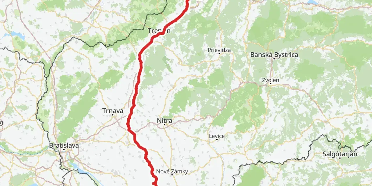 Mapa pokazuje trasę dookoła Tatr, biegnącą przez Słowację i Węgry, z zaznaczonymi miastami jak Żylina, Trenczyn, Trnawa, Nitra, Nowe Zamki, Komárno, Győr i Bratysława.