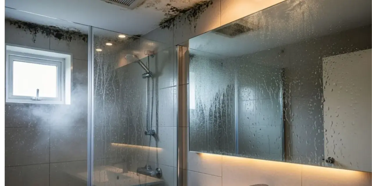 Salle de bain avec moisissures au plafond, signe d'une mauvaise ventilation. Une VMC salle de bain norme est essentielle pour éviter ces problèmes.