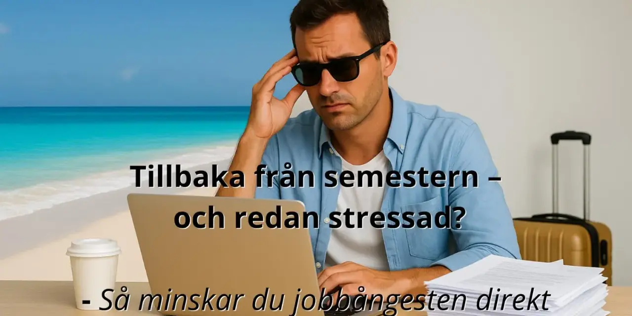 Tillbaka efter semestern och redan stressad? Mannen med solglasögonen på kontoret med en strandbild som bakgrund.