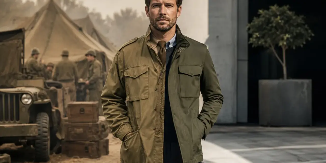 Un uomo indossa una field jacket, un capo iconico che unisce stile militare e moderno. Sullo sfondo, un campo militare con tende e jeep.