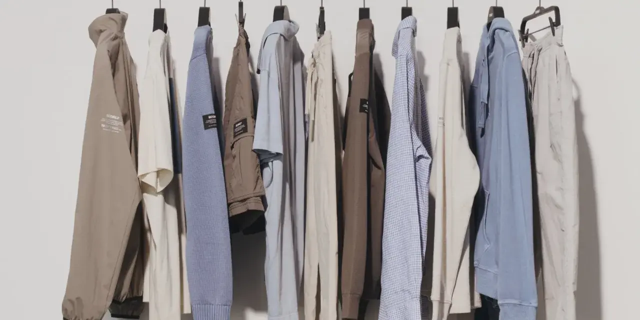 Una fila di abiti casual da uomo, con un'estetica che richiama il significato di moda evergreen: giacche, maglioni e pantaloni in tonalità neutre.