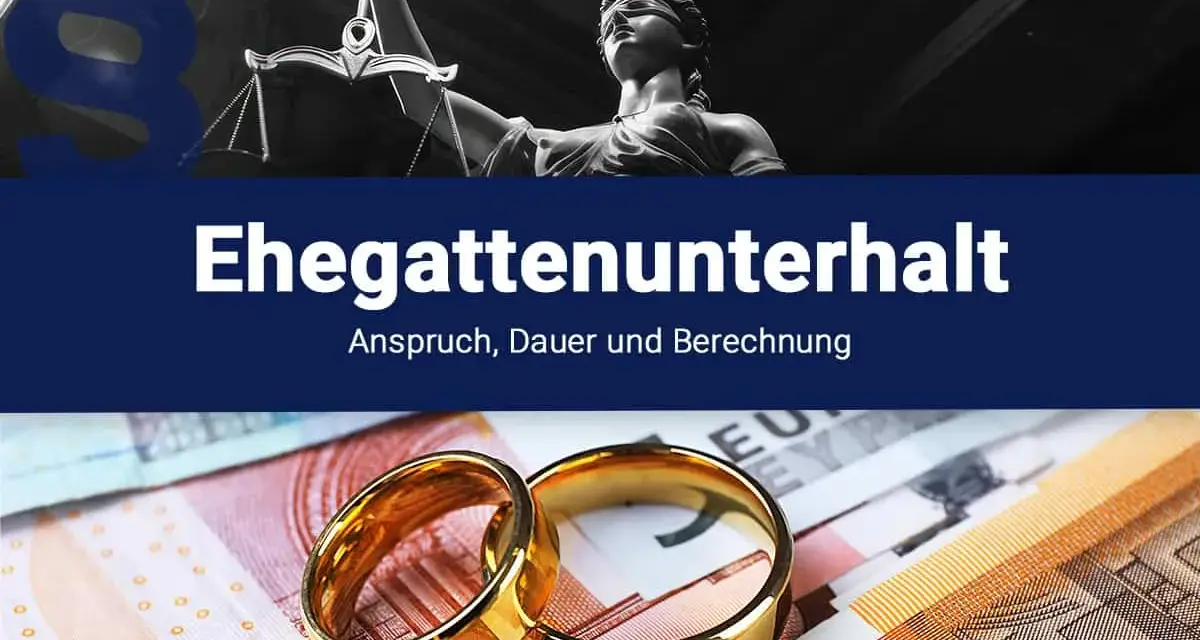 Zwei Eheringe liegen auf Euro-Scheinen. Die Justitia-Statue und ein Paragrafensymbol deuten auf rechtliche Aspekte wie nachehelicher Unterhalt Beispiele hin.