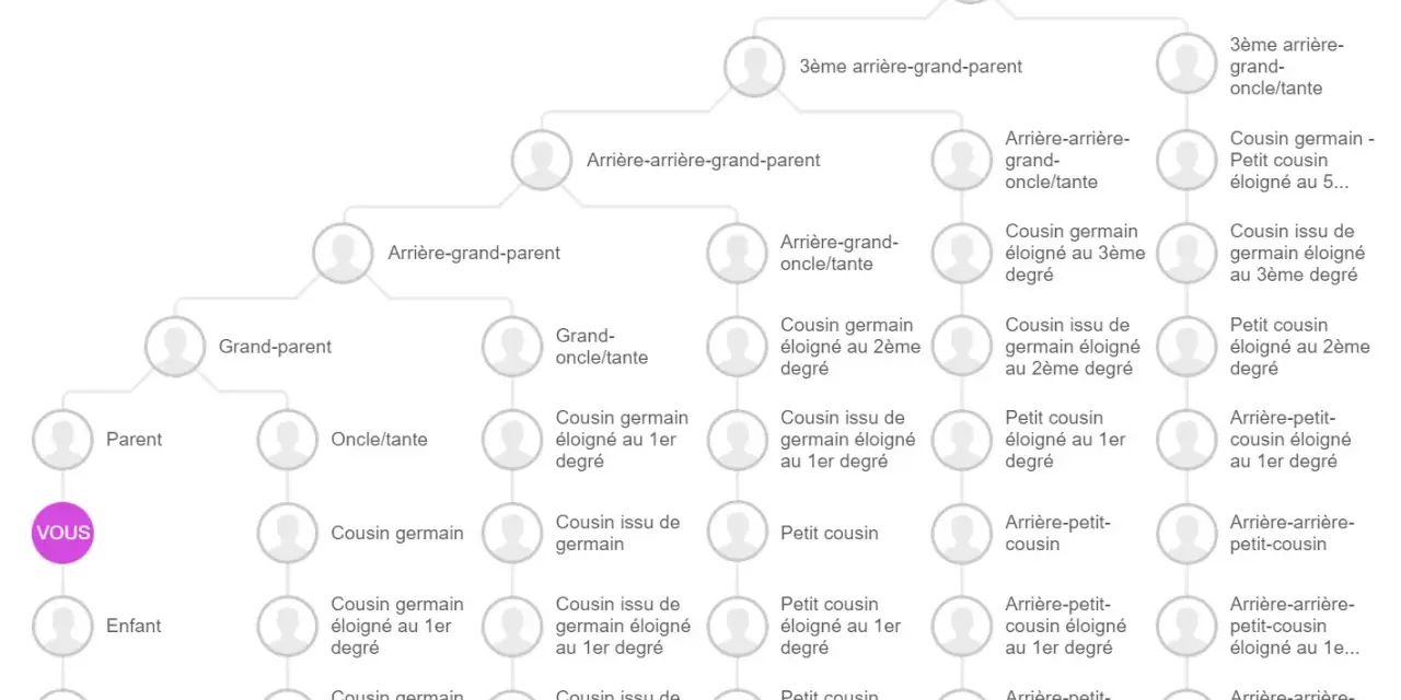Arbre généalogique illustrant qu'est ce qu'un lien de parenté, de "VOUS" aux arrière-grands-parents et cousins éloignés.