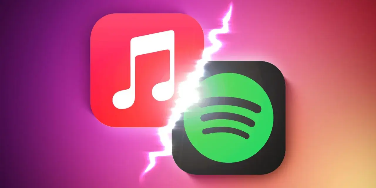 Logo Apple Music i Spotify obok siebie, rozdzielone błyskawicą. Który wybierasz: Apple Music czy Spotify?
