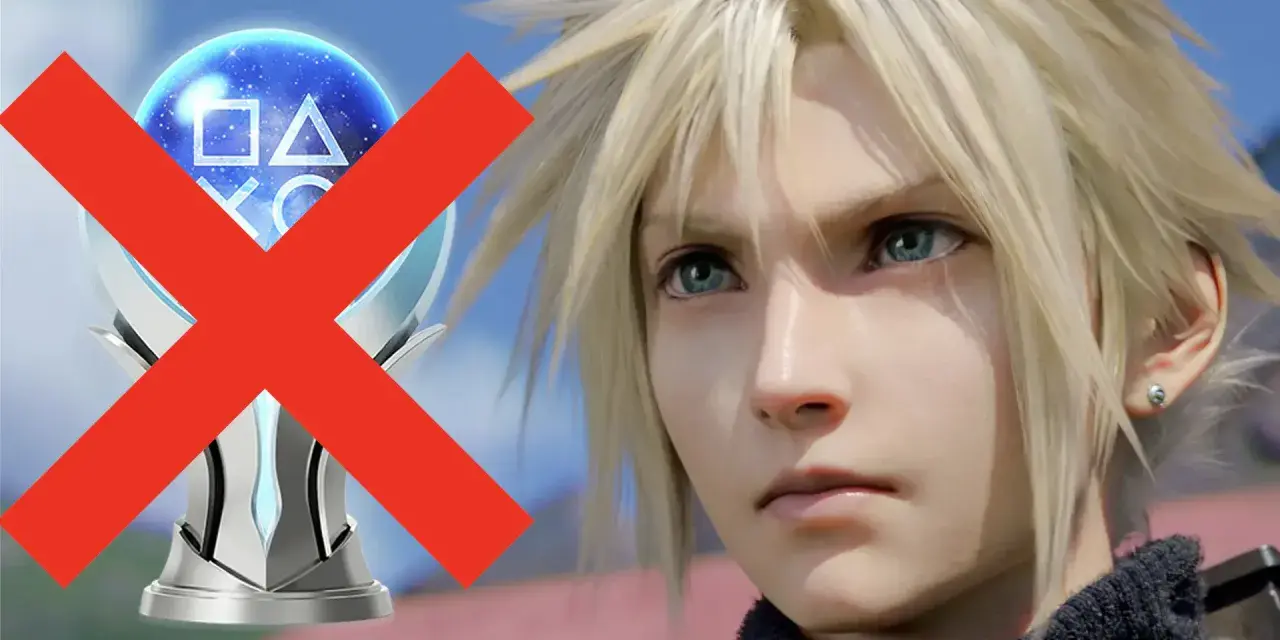 Cloud Strife mira al frente, con un trofeo de platino de Final Fantasy VII Remake tachado con una X roja.
