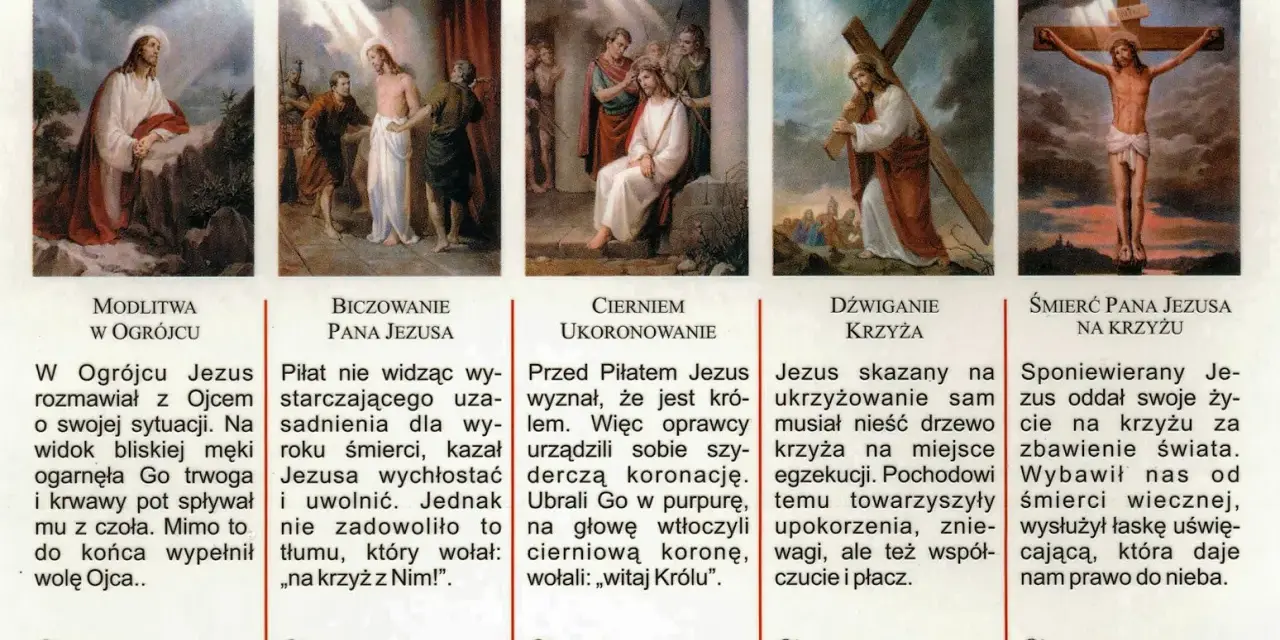 Obraz przedstawia pięć scen z życia Jezusa, ilustrujących tajemnice bolesne: modlitwę w Ogrójcu, biczowanie, ukoronowanie cierniem, dźwiganie krzyża i śmierć na krzyżu.