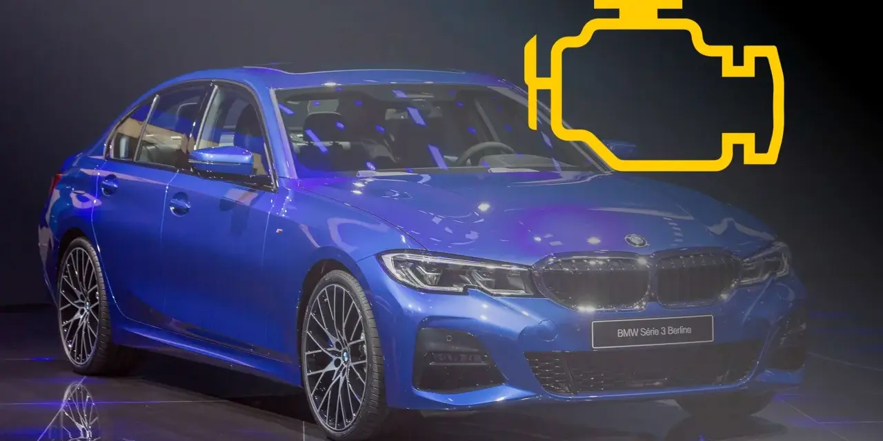 Niebieskie BMW Serii 3 z żółtym symbolem silnika, wskazującym na błąd DTC 4212.
