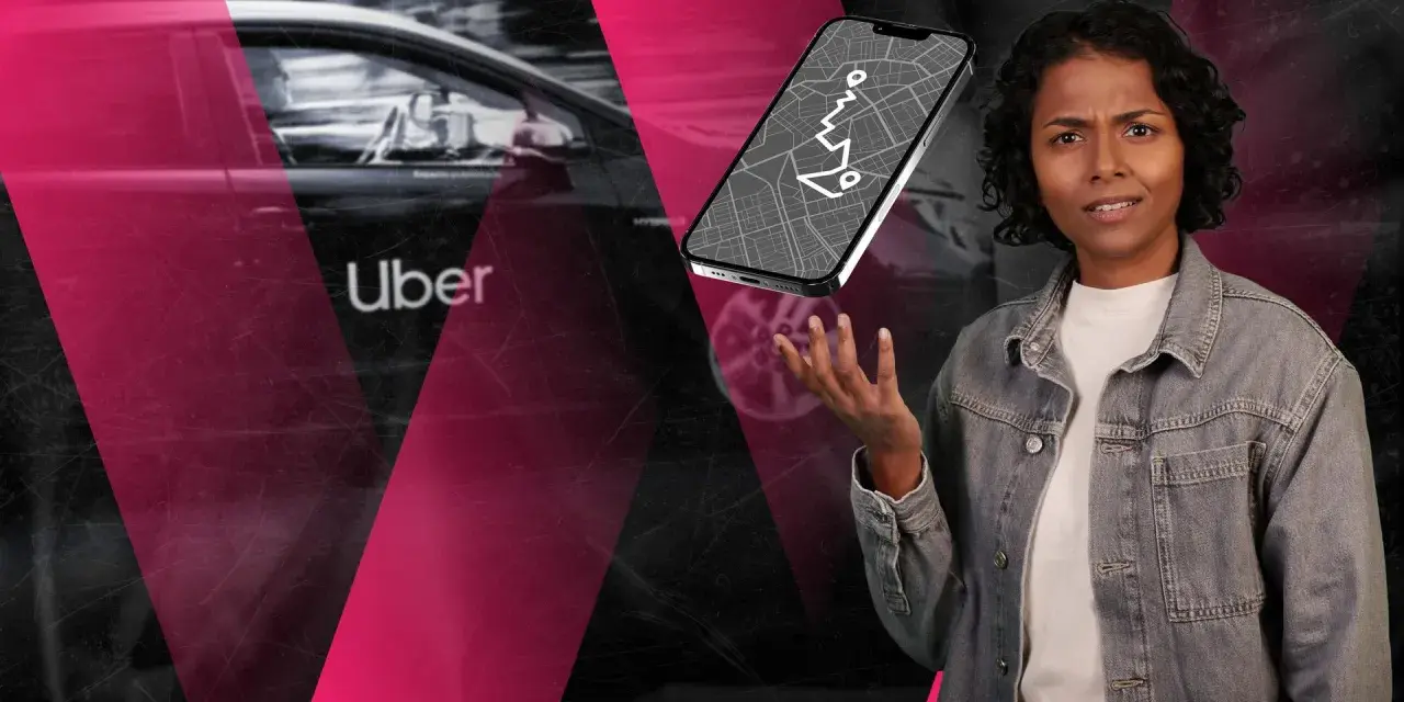Verwirrte Frau blickt auf ein Handy mit Navigationskarte, während im Hintergrund ein Uber-Auto in Deutschland zu sehen ist.