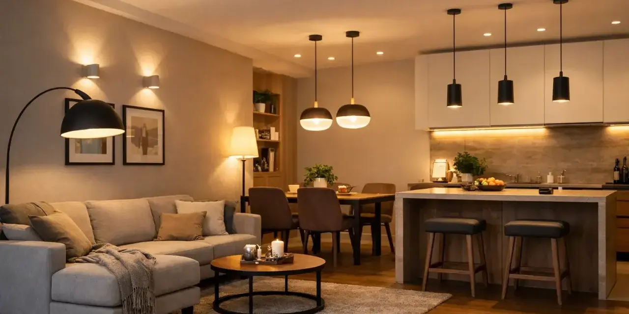 Illuminazione soffusa in soggiorno e cucina: quanti lumen in cucina per creare un'atmosfera accogliente. Lampade a sospensione, da terra e applique creano un ambiente caldo.