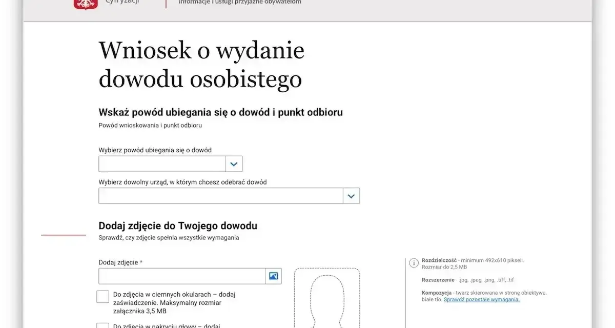 Formularz wniosku o dowód osobisty dla dziecka. Wpisz powód, wybierz urząd i dodaj zdjęcie.