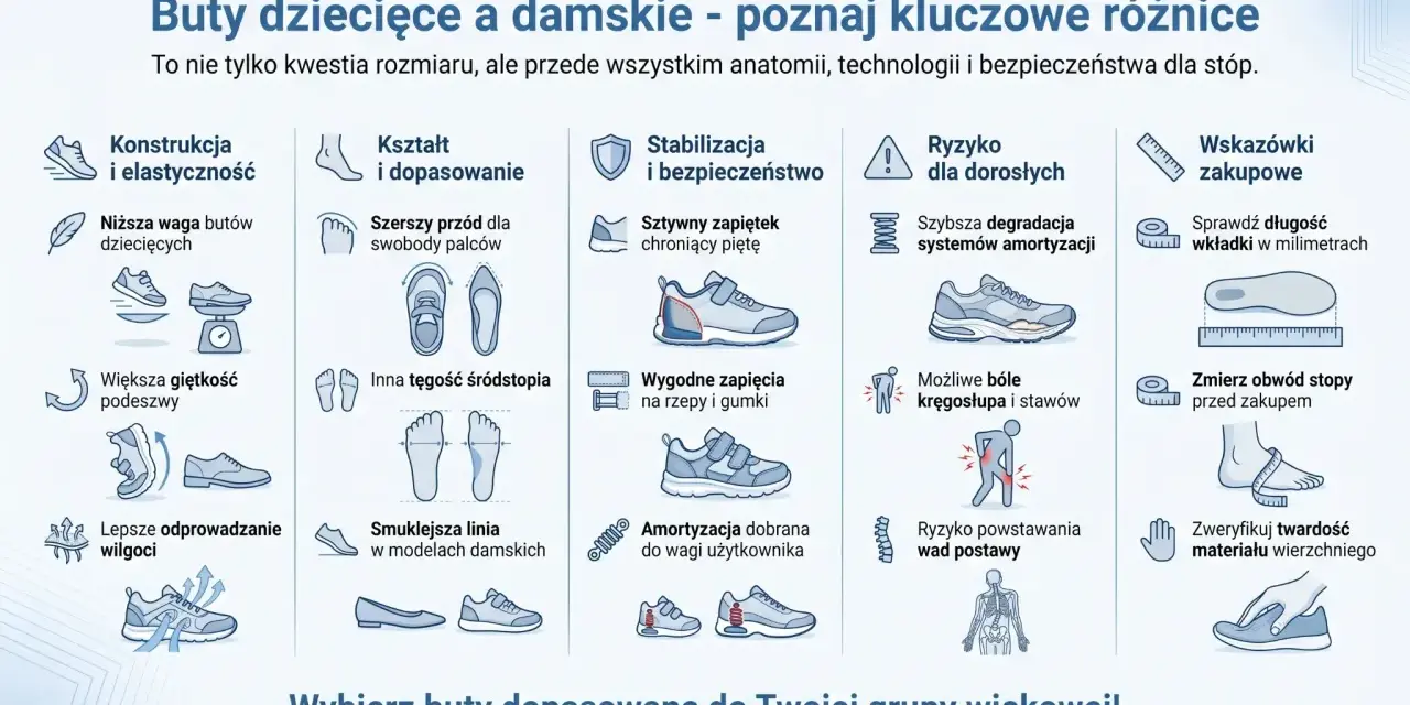 Porównanie butów dziecięcych i damskich: budowa, kształt, stabilizacja, ryzyko dla dorosłych, wskazówki zakupowe. Poznaj części buta i nazwy.