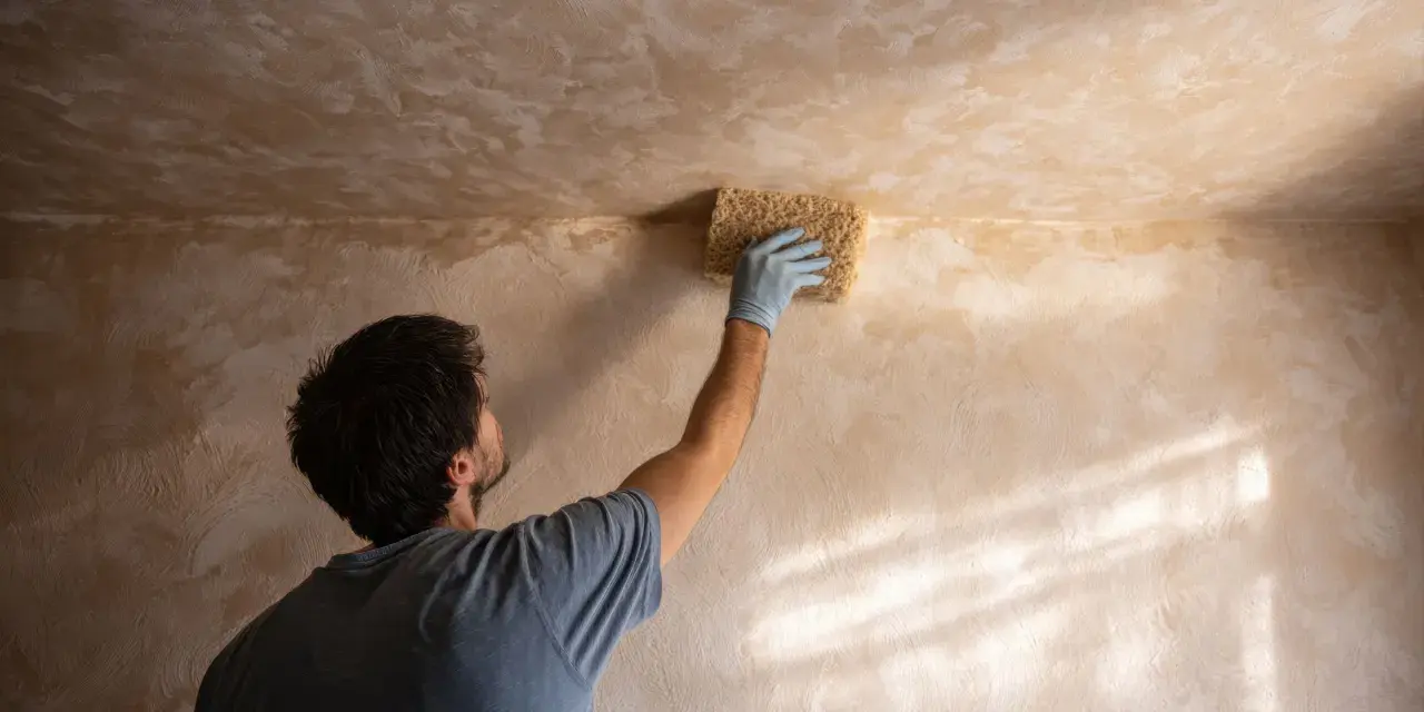 Hombre con guante azul usa esponja para sanear pared con textura.