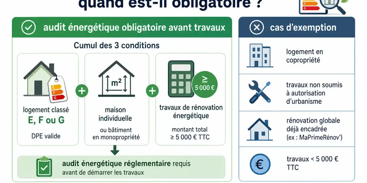 Schéma expliquant quand un audit énergétique est obligatoire avant travaux : conditions (logement E, F ou G, maison individuelle, travaux ≥ 5000€) et cas d'exemption.