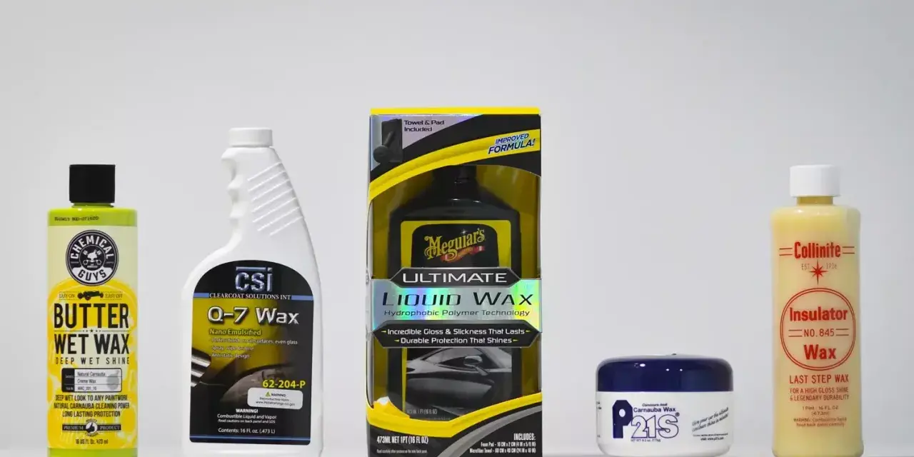 Comparing liquid wax vs paste wax: Chemical Guys Butter Wet Wax, CSI Q-7 Wax, Meguiar's Ultimate Liquid Wax, P21S Carnauba Wax, and Collinite Insulator Wax.