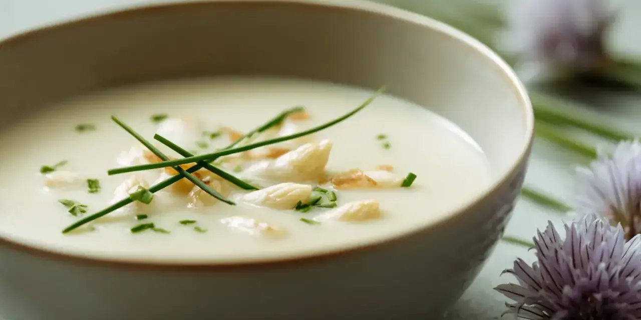 Un bol de velouté d'asperges blanches, garni de brins de ciboulette et de morceaux d'asperges. Des fleurs d'ail ornent le bord.