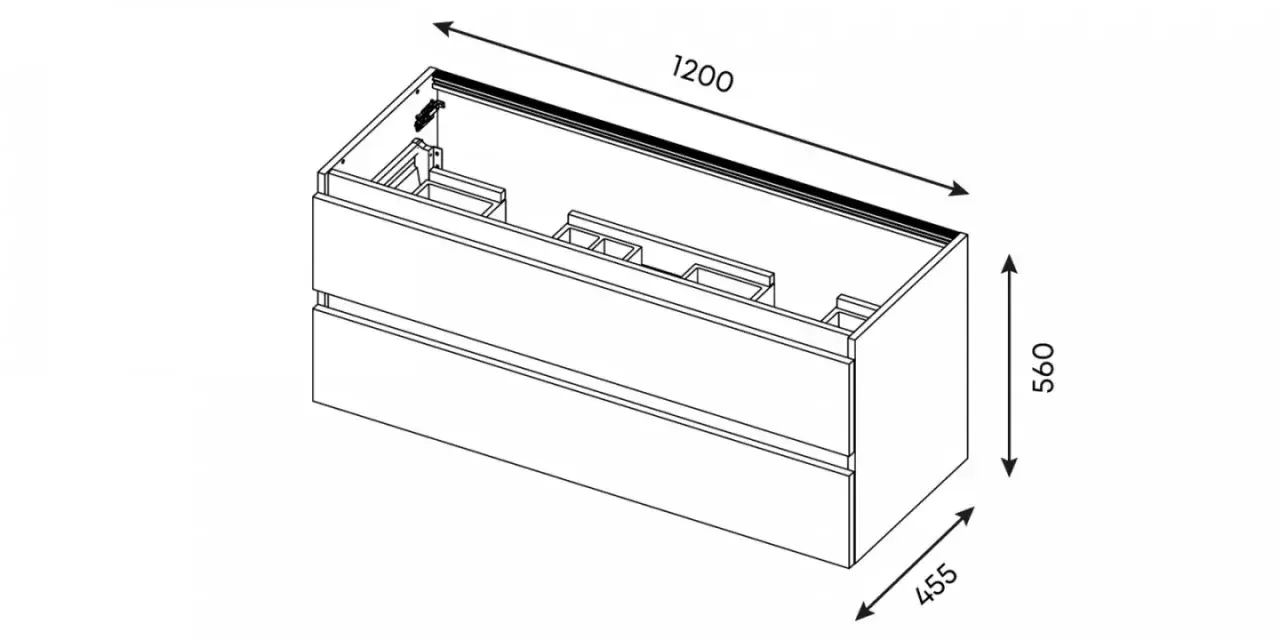 Meuble de salle de bain avec deux tiroirs. Dimensions : 1200 mm de largeur, 560 mm de hauteur et 455 mm de profondeur.