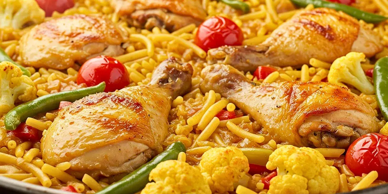 Deliciosa fideuà de pollo con trozos dorados de pollo, fideos finos, tomates cherry, pimientos verdes y coliflor.