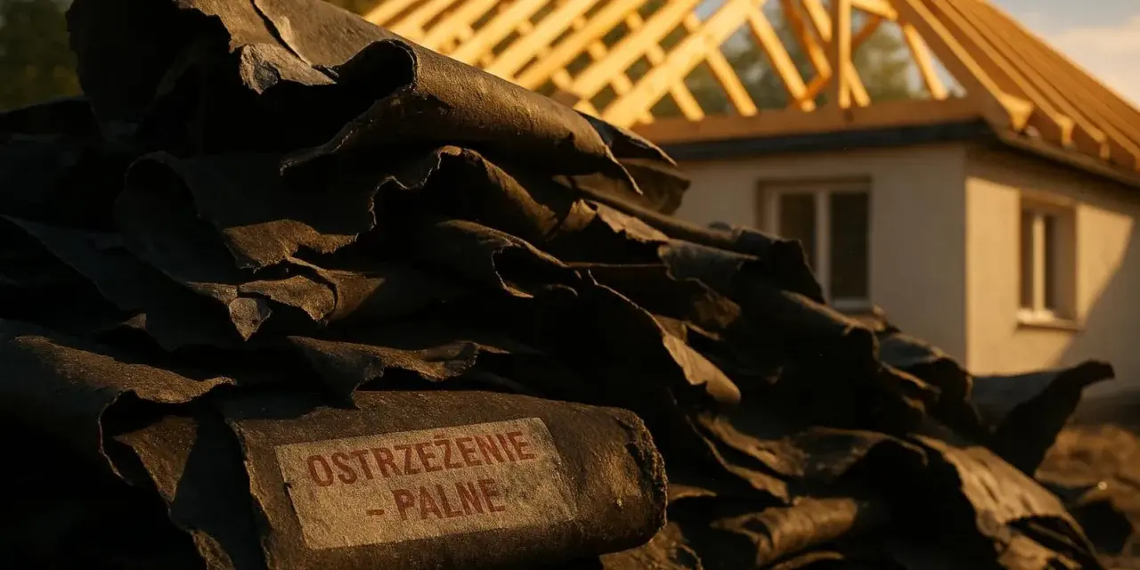 Stos starych pap dachowych z napisem "OSTRZEŻENIE - PALNE" na tle budowy domu.