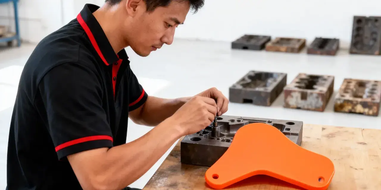 A technician works on a mold, a key step in rapid tooling.