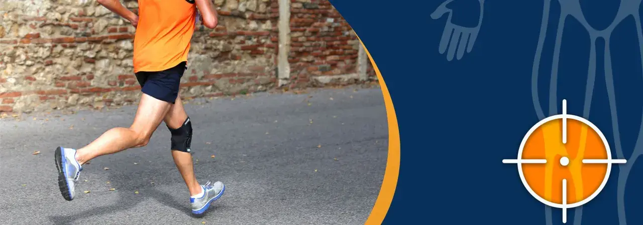 Läufer mit Kniebandage beim Joggen. Eine Kniebandage beim Joggen kann sinnvoll sein, um Stabilität zu geben und Schmerzen vorzubeugen.