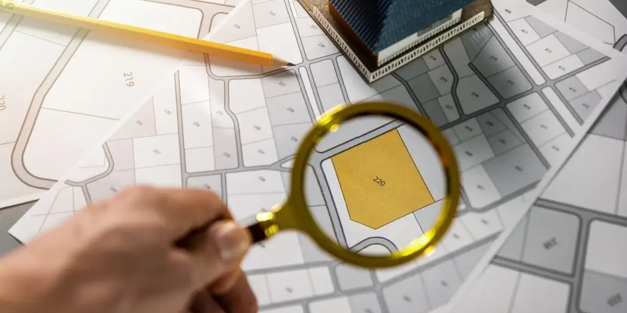 Szukasz informacji, jak sprawdzić zadłużenie księgi wieczystej? Na mapie działka 220 jest badana lupą, obok leży model domu i ołówek.