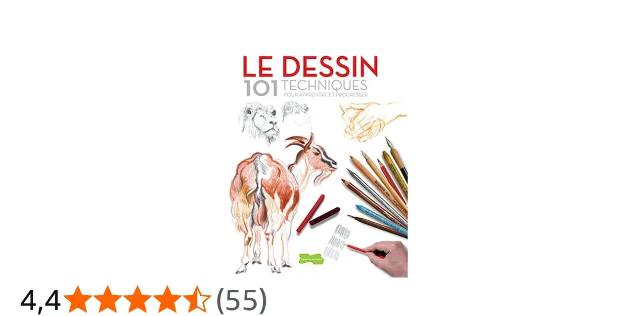 Le livre "Le Dessin, 101 techniques" montre un travail de dessin avec des lions, une chèvre et des mains, ainsi que des crayons et pastels.