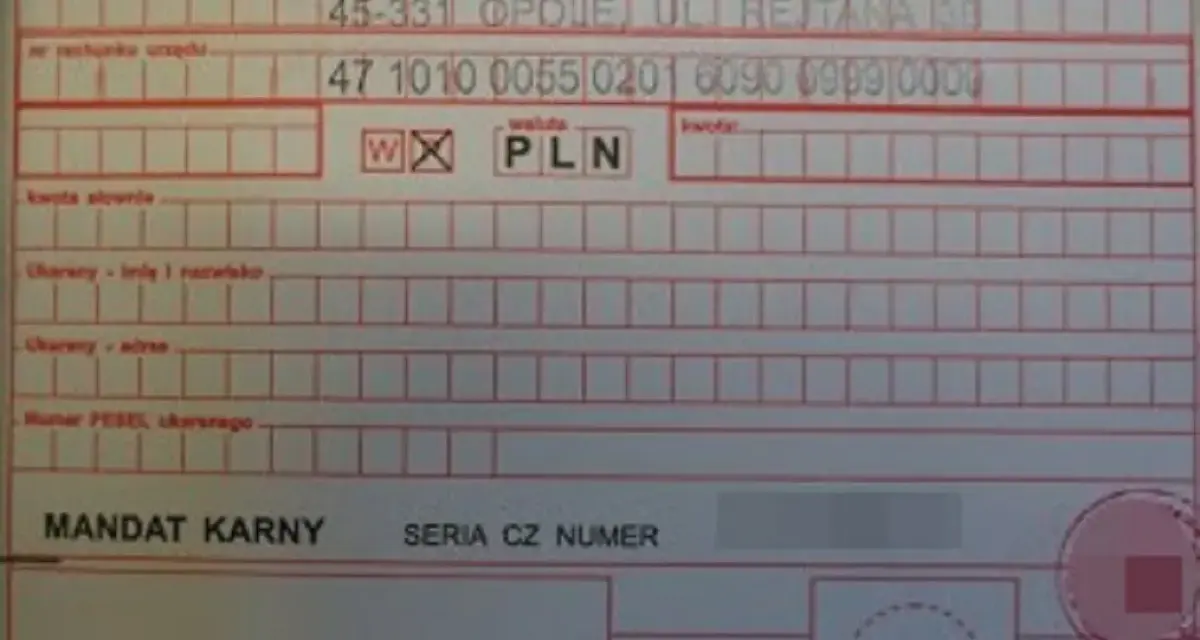 Mandat karny z danymi urzędu skarbowego i numerem identyfikatora zobowiązania mandat.