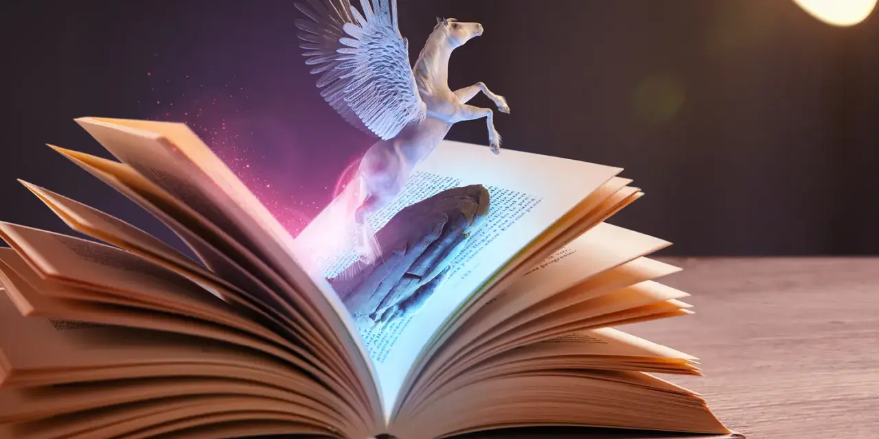 Otwarta księga, z której wyłania się skrzydlaty koń. To właśnie jest **fantasy co to** znaczy – magia i niezwykłe stworzenia ożywiające opowieści.