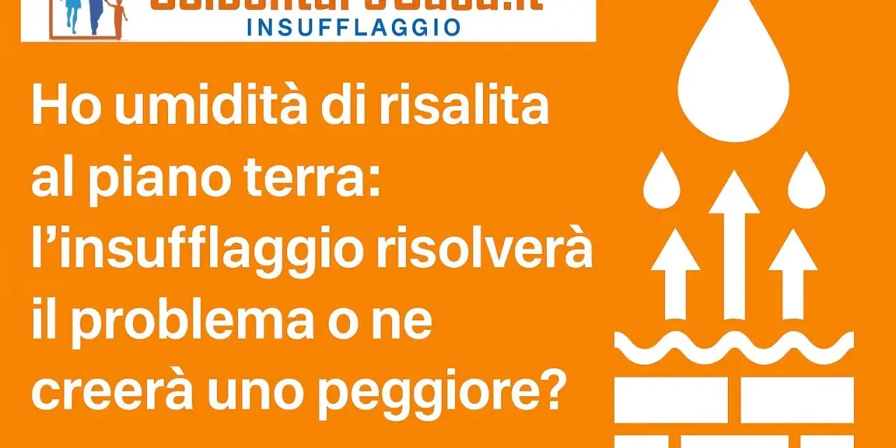 Umidità di risalita al piano terra: l'insufflaggio risolverà il problema o ne creerà uno peggiore? Icona di gocce d'acqua e frecce che salgono da mattoni.