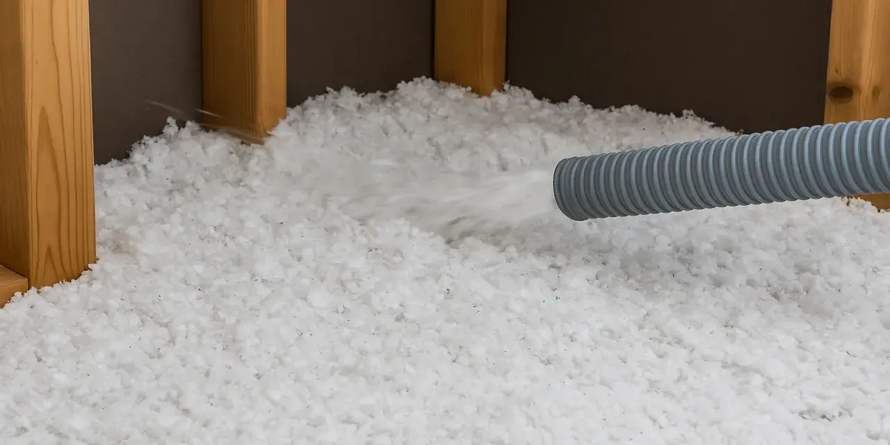 Installazione di isolamento soffiato, simile alla lana di roccia o lana di vetro, in una struttura in legno.