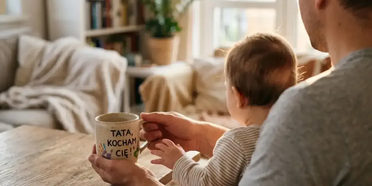 Ciepły gest z okazji dnia ojca. Ojciec trzyma kubek z napisem "TATA, KOCHAM CIĘ!", a dziecko siedzi mu na kolanach.
