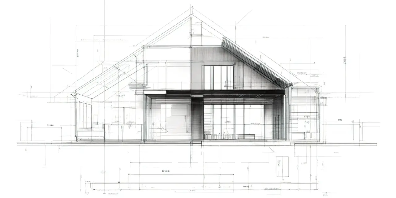 Szkic architektoniczny nowoczesnego domu z widokiem przekroju, wymiarami i detalami. Idealny do planowania kredytu na dom.