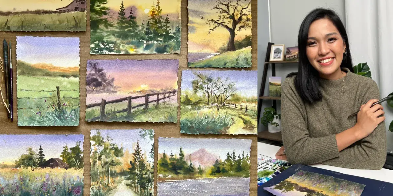 Apprenez comment faire de l'aquarelle maison avec ces paysages bucoliques et une artiste souriante.